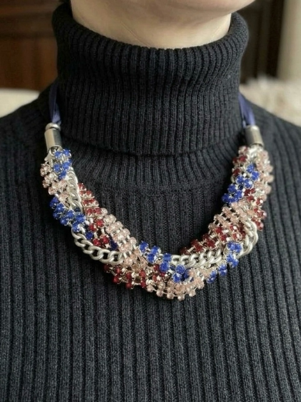 Max & Co. Blue, Red & Pink Braided Crystal Tie- Back Necklace